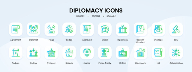 Diplomacy icon collection with blue and green gradient outline style. diplomacy, sign, collection, international, country, business, embassy. Vector Illustration - obrazy, fototapety, plakaty