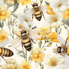 watercolor seamless pattern of bee and flower, background pattern