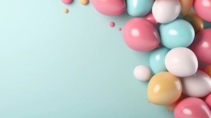 Fototapeta na wymiar space for text on pastel background surrounded by cute colorful balloons, background image, AI generated