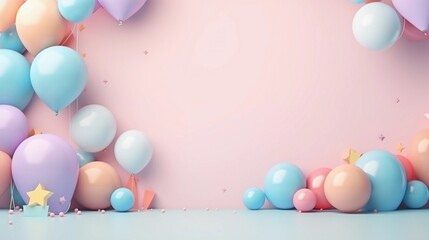 space for text on pastel background surrounded by cute colorful balloons, background image, AI generated