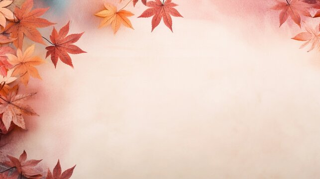 space for text on soft pastel background surrounded by autumn maple leaves, background image, AI generated