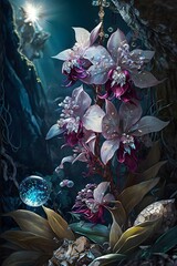 Mountain orchids cinematic realism rich vibrant colors filigree stone moongate small glowing willothewhips fairy lights in the background fickering and glowing beautiful faceted crystals gorgeous 