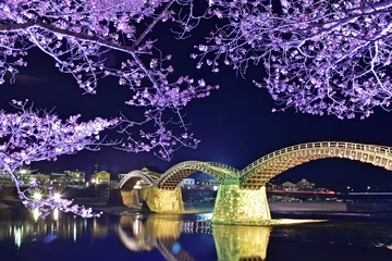 Selbstklebende Fototapete Kintai-Brücke 錦帯橋　夜桜　山口