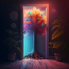 bright future neon 4k cinematic lighting sun tree flower background tropical door 