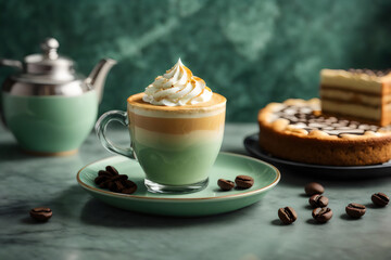 Latte art coffee and cake on a black marble table with a pastel green wall background.