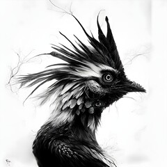 a surrealistic creature with feathers white background ultra realistic black and white 