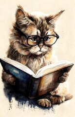 cat with glasses reading a book handdrawn illustration storybook illustration ink pastel painting 