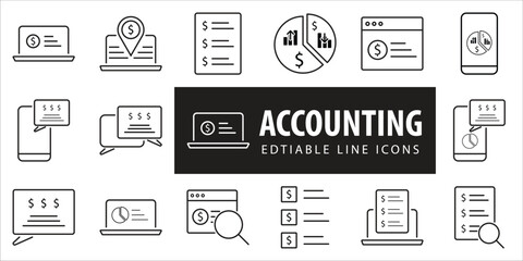 Accounting set of web icons in line style. Accounting and audit icons for web and mobile app. Containing finance report and invoice, tax return, accounting, auditing, inspection. Editable Line, ...