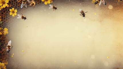 space for text on textured background surrounded by honey bees, background image, AI generated - obrazy, fototapety, plakaty