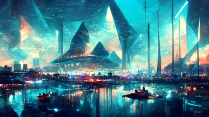 underwater neon blue lights scifi submerged illuminated pyramid city with whales swimming above the city blue lighting cinematic concept art 