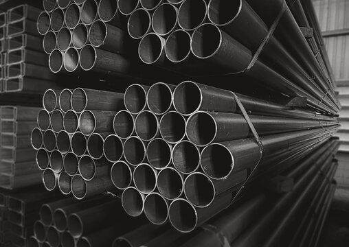 high quality galvanized steel pipe or aluminum tubes and chrome stainless steel in piles waiting to be shipped in the warehouse.