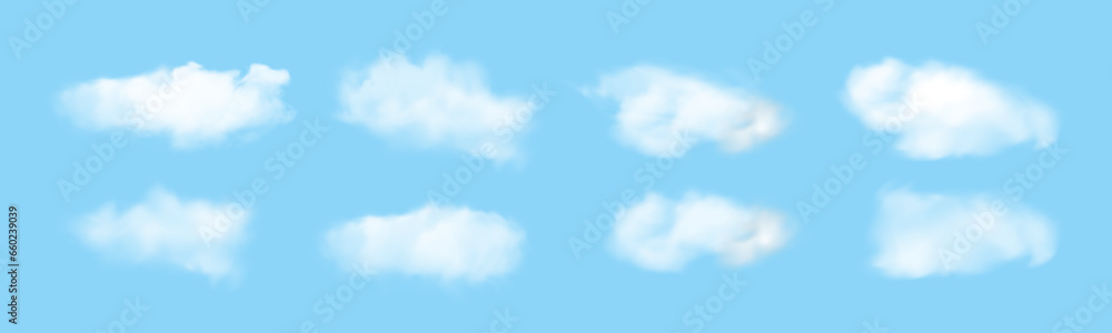 Poster set of transparent different clouds. vector set of realistic isolated cloud on blue sky. vector illu