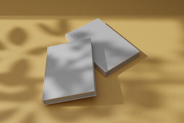 3d rendering of blank white book with window shadow and tree branches, for mockup design