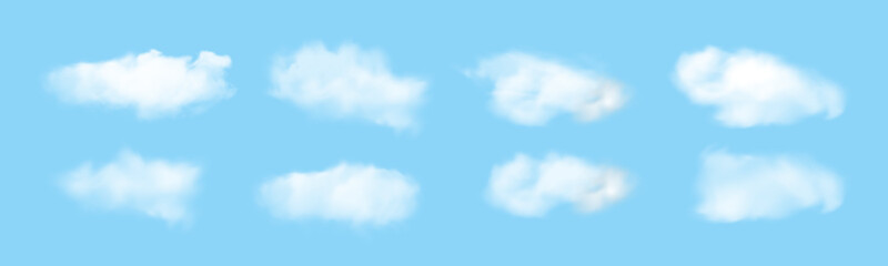 Set of transparent different clouds. Vector set of realistic isolated cloud on blue sky. Vector illustration.