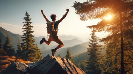 Happy man with arms up jumping on the top of the mountain - Successful hiker celebrating success on the cliff - Life style concept with young male climbing in the forest pathway - obrazy, fototapety, plakaty