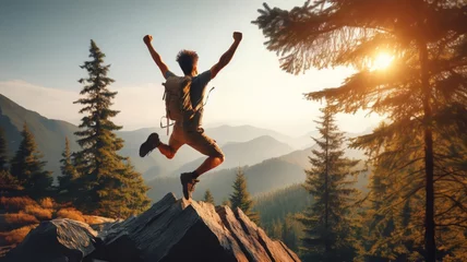 Foto op Canvas Happy man with arms up jumping on the top of the mountain - Successful hiker celebrating success on the cliff - Life style concept with young male climbing in the forest pathway © Marpa