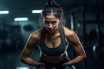 Fototapeta na wymiar Athletic woman wearing sportswear sweating taking break after exercising at modern gym