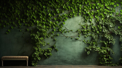 Fototapeta na wymiar Green wall with climbing fig plant and luxury bench wallpaper