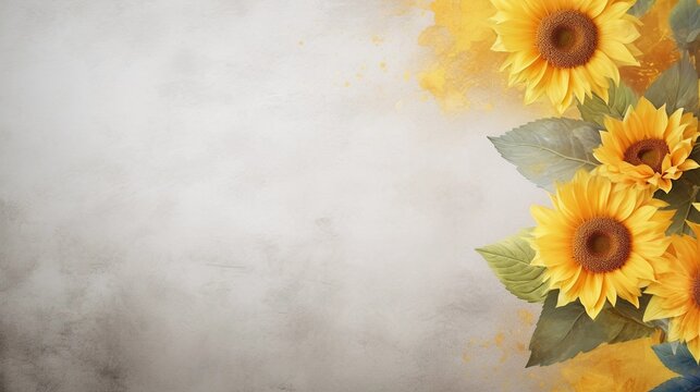 space for text on textured background surrounded by sunflowers, background image, AI generated