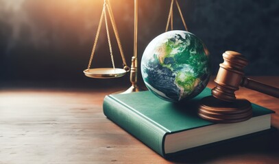 International Law and Environment Law.Green World and gavel on a book with scales of justice. law for global economic regulation aligned with the principles of sustainable environmental conservation