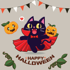 Vintage Halloween poster design with vector cat and jack o lantern character. 