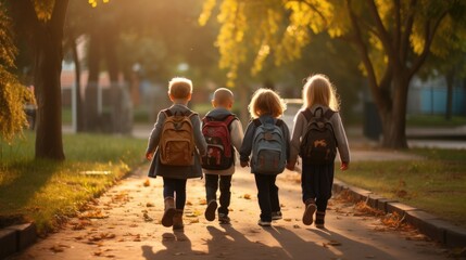 Obraz premium A group of little children walked together in friendship. First day of school On the first day of school opening