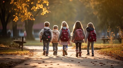 A group of little children walked together in friendship. First day of school On the first day of school opening - obrazy, fototapety, plakaty