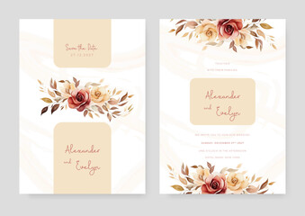 Red and gold rose vector wedding invitation card set template with flowers and leaves watercolor