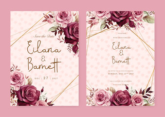 Pink and red rose floral wedding invitation card template set with flowers frame decoration