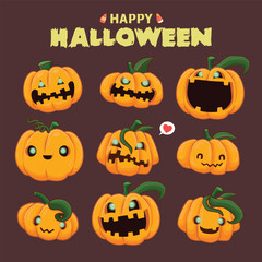 Vintage Halloween poster design with vector jack o lantern character set. 