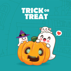 Vintage Halloween poster design with vector ghost, pumpkin character. 