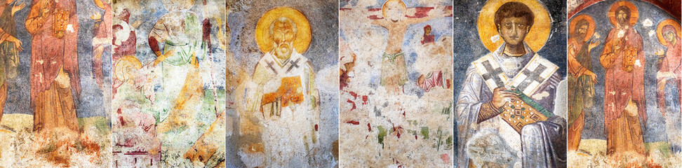 Ancient wall frescoes in the Church of St. Nicholas. Demre. Myra. Turkey. - 660241409