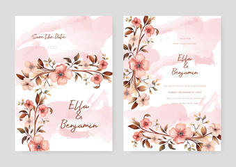 Fototapeta na wymiar Pink sakura set of wedding invitation template with shapes and flower floral border