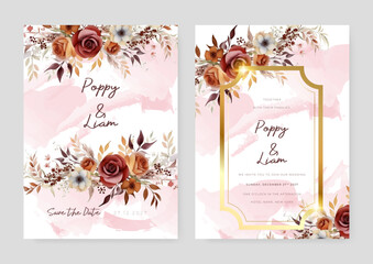 Orange and red rose elegant wedding invitation card template with watercolor floral and leaves