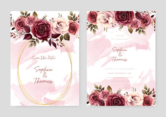Pink and red rose artistic wedding invitation card template set with flower decorations