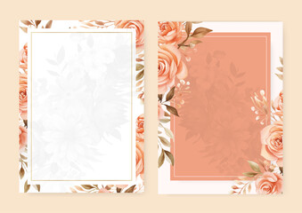 Peach rose beautiful wedding invitation card template set with flowers and floral
