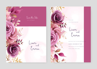 Purple violet and pink rose modern wedding invitation template with floral and flower