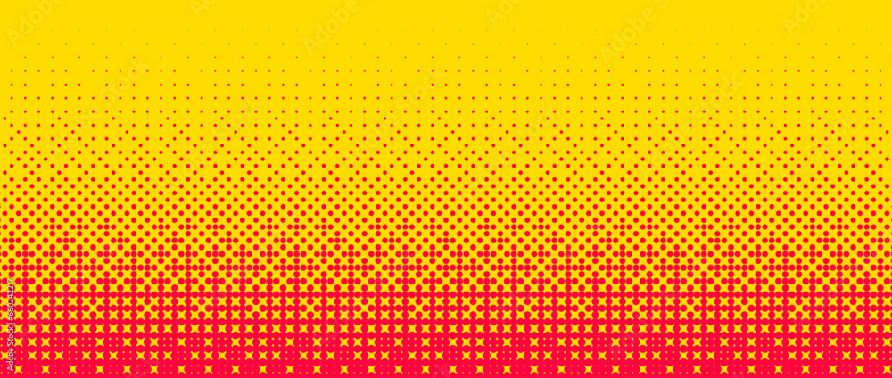 Poster Pixelated bitmap gradient texture. Yellow orange dither pattern background. Abstract glitchy pattern. 8 bit video game screen wallpaper. Wide horizontal pixel art retro illustration. Vector backdrop