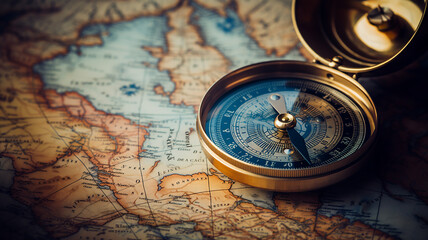 Fototapeta na wymiar Magnetic compass on world map. Travel geography navigation concept.