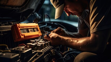 Close-up of a car mechanic using an ammeter to check a car battery in front of the engine bay. Natural light telephoto lens