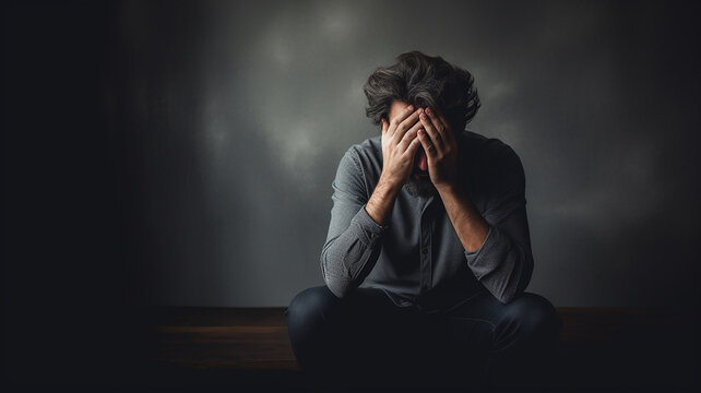 man sitting holding his head with both hands. man depressed in a dark room.
