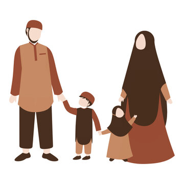 Muslim family portrait vector. Faceless muslim characters