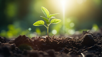 Young plant growing in sunlight green world and earth day concept - obrazy, fototapety, plakaty