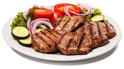 Grilled meat with vegetable salad plated on white background .Generative AI