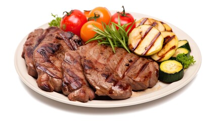 Grilled meat with vegetable salad plated on white background