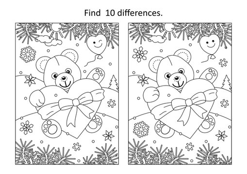 Valentine's Day difference game or picture puzzle and coloring page with teddy bear and big heart
