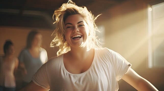 Fat American woman smiling while dancing in studio wearing sportswear