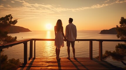 Romantic couple standing on a wooden deck, looking at the sea, at sunset macro lens natural lighting