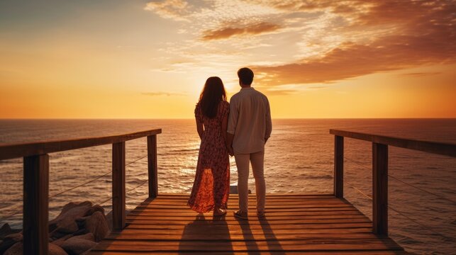 Romantic couple standing on a wooden deck, looking at the sea, at sunset macro lens natural lighting