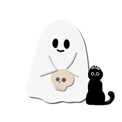 Fototapeta premium ghost cartoon holding skull with black cat illustration